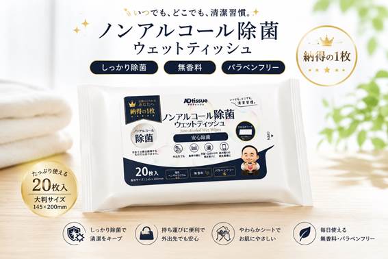 いつでも、どこでも、清潔習慣。ノンアルコール除菌ウェットティッシュ20枚入り、しっかり除菌、無香料、パラベンフリー