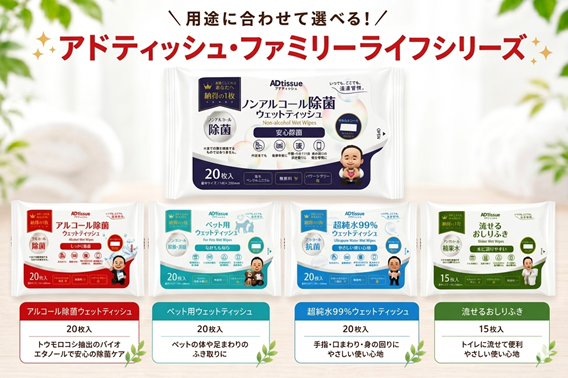 用途に合わせて選べる！アドティッシュ・ファミリーライフシリーズ、ノンアルコール除菌ウェットティッシュ20枚入り