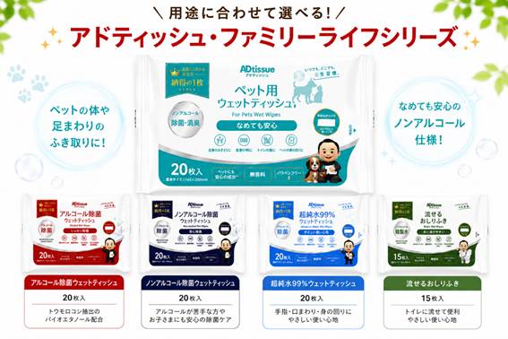 用途に合わせて選べる！アドティッシュ・ファミリーライフシリーズ_ペット用ウェットティッシュ20枚入り