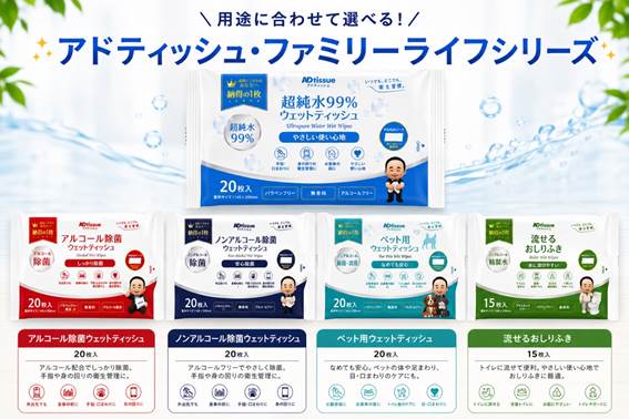 用途に合わせて選べる！アドティッシュ・ファミリーライフシリーズ_超純水99％ウェットティッシュ20枚入り